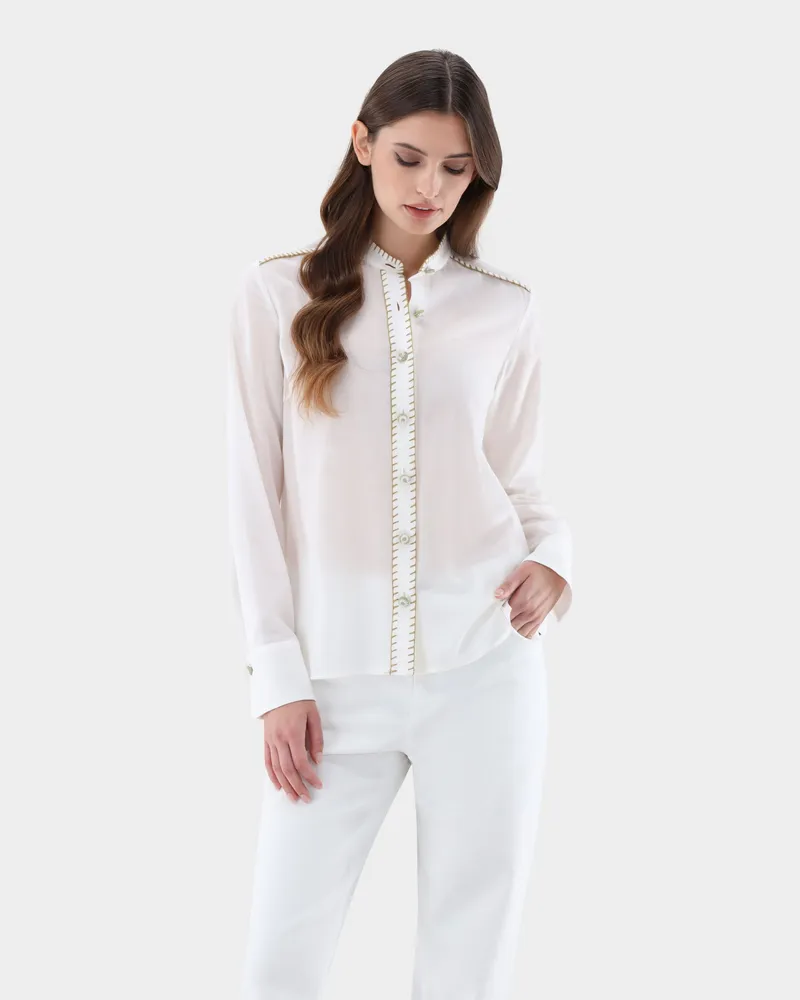 van Laack Taillierte Bluse mit Stehkragen und Zierstichen Bleichen: