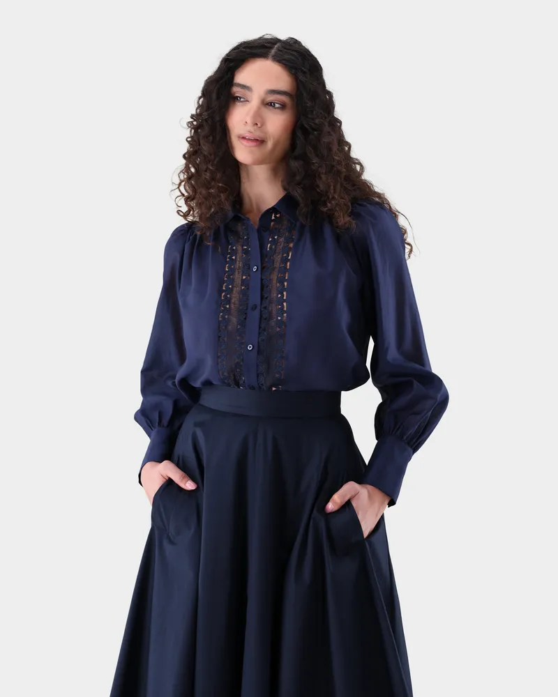 van Laack Hemdbluse mit Spitzeneinsätzen Blau