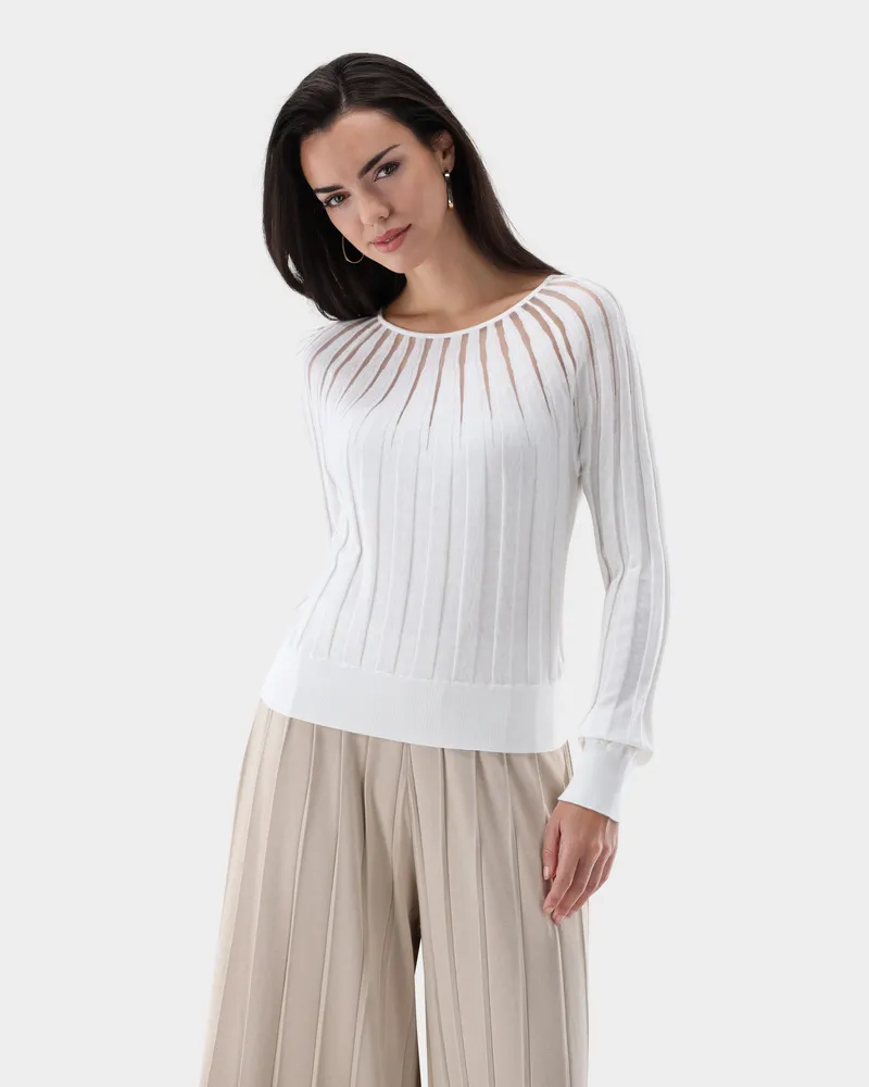 van Laack Rundhalspullover mit transparenten Details Cremefarben