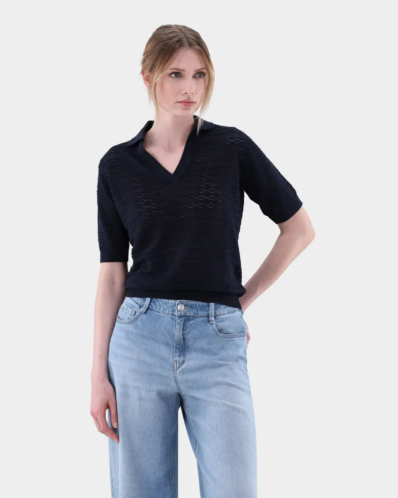 van Laack V-Polo gestreift mit Ajourmuster aus Air Cotton Blau