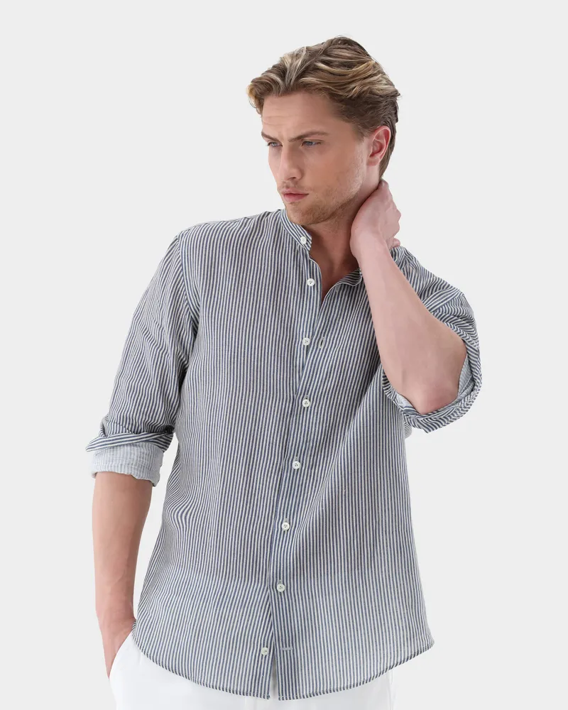 van Laack Leinenhemd mit Streifen-Druck Tailor Fit Blau