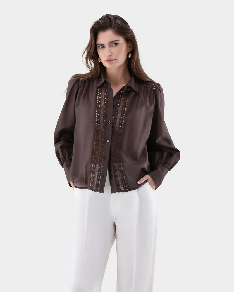 van Laack Hemdbluse mit Spitzeneinsätzen Beige