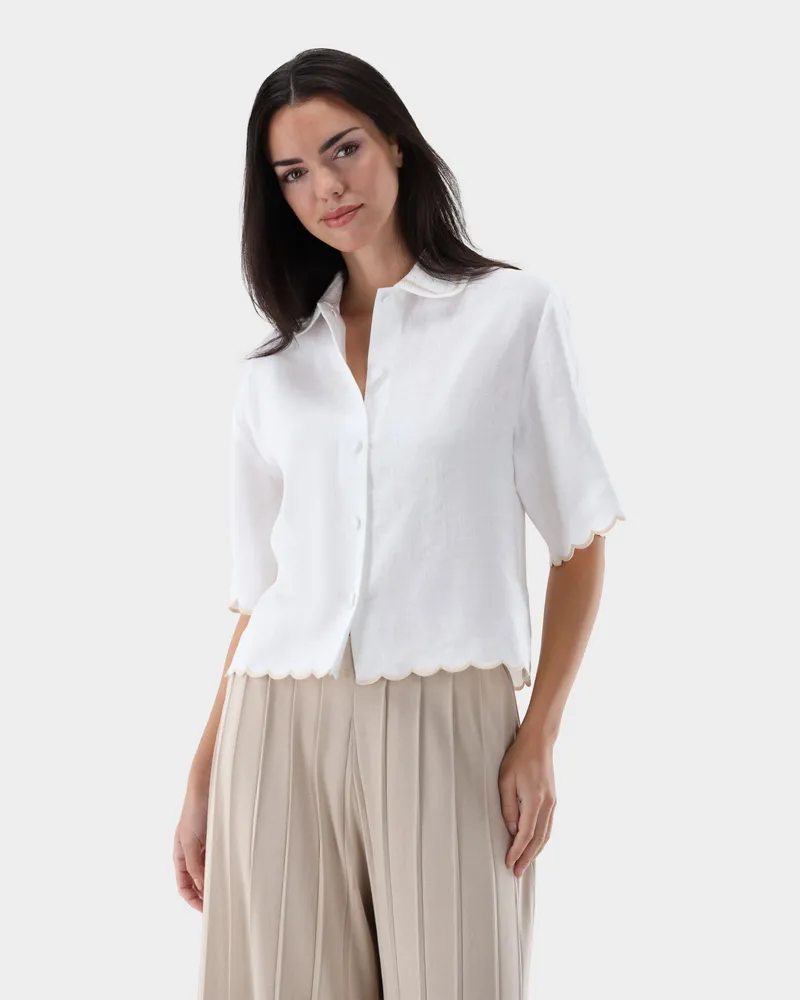 van Laack Kurzarm Hemdbluse aus Leinen mit Häkelkragen Cremefarben