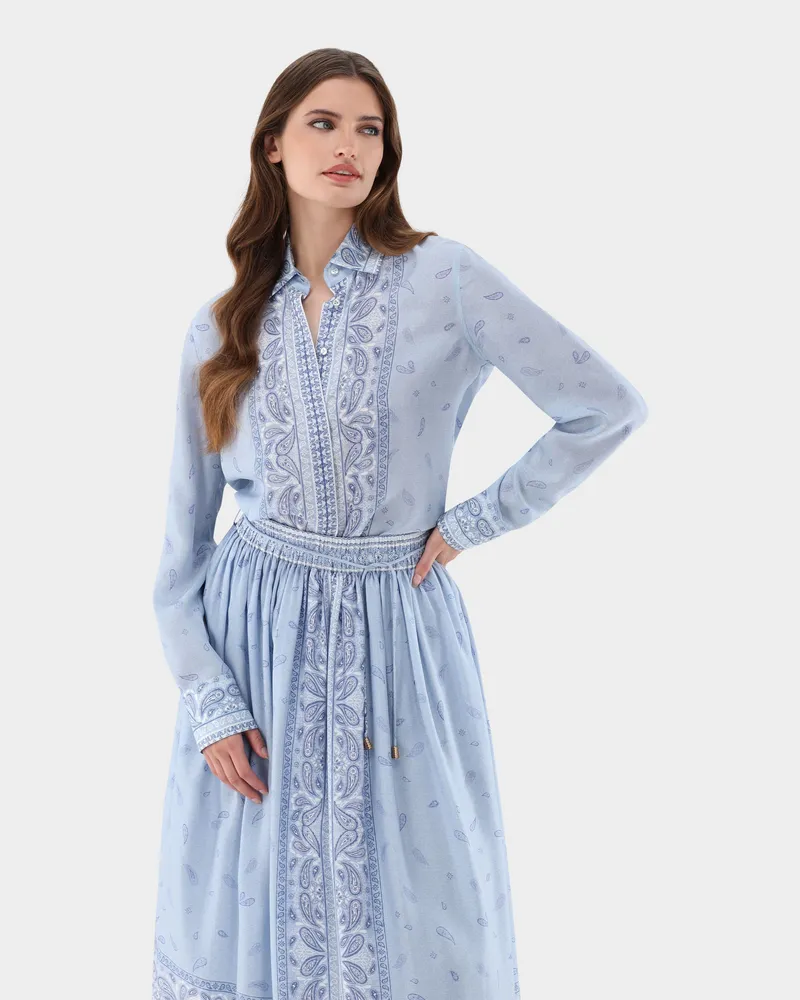van Laack Seidenbluse tailliert mit Bandana-Druck Blau