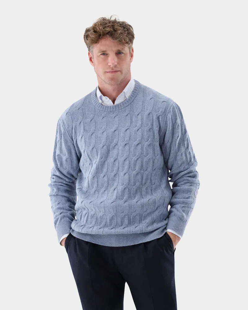 van Laack Rundhals Pullover mit Zopfmuster und Kaschmir Blau