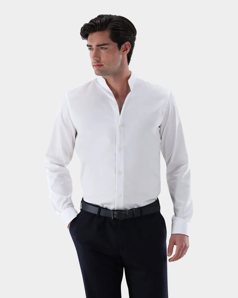 van Laack Stehkragenhemd aus bügelfreiem Twill Gewebe Weiß