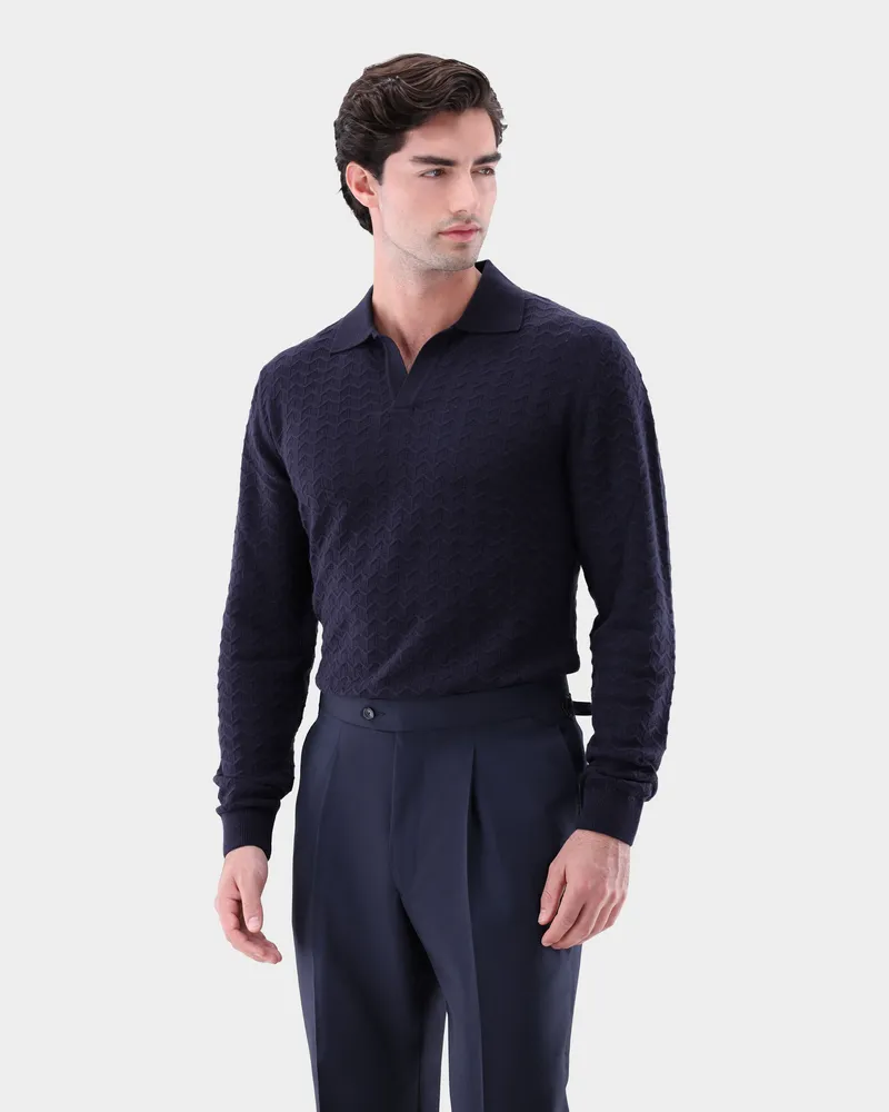 van Laack Poloshirt gestrickt mit V-Neck und Struktur Blau