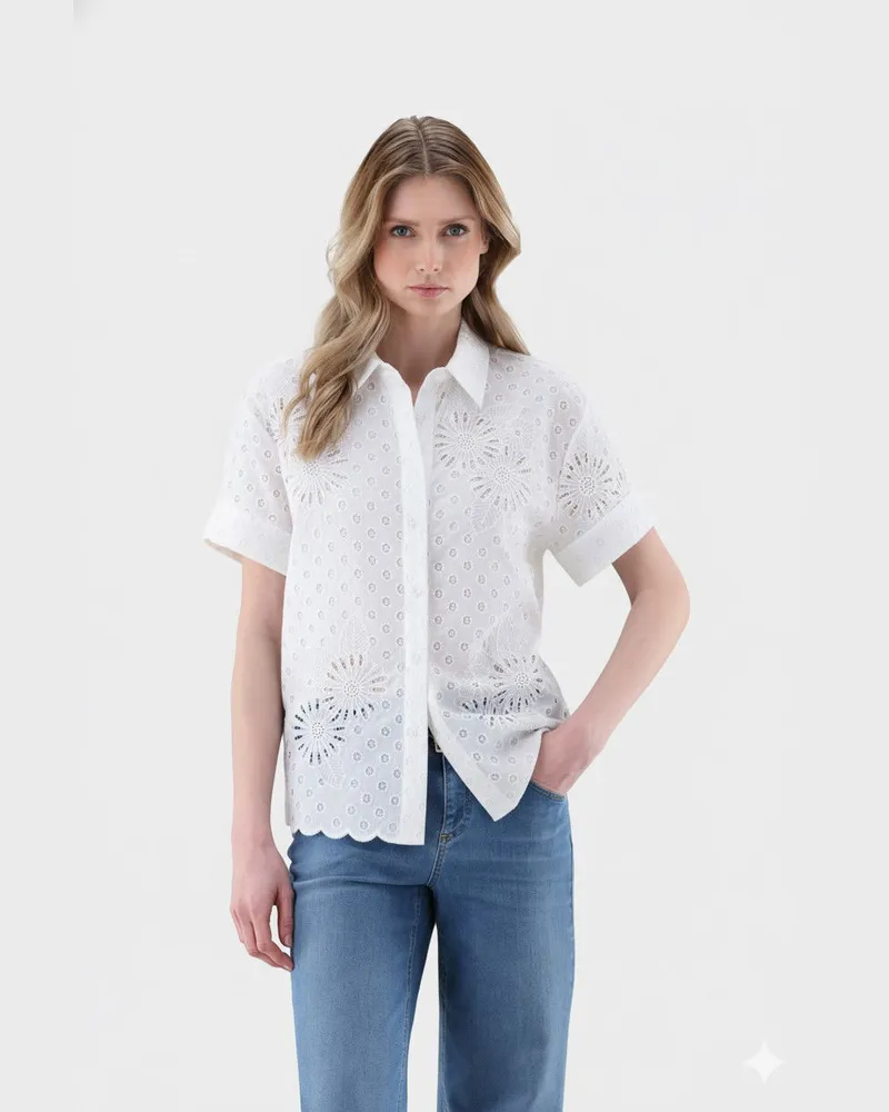 van Laack Hemdbluse mit Kurzarm aus Lochstickerei Weiß