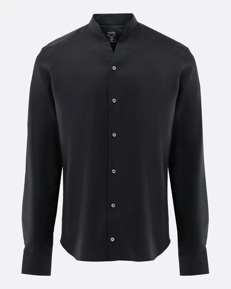 van Laack Stehkragenhemd mit V-Ausschnitt und Jacquard-Streifen Schwarz