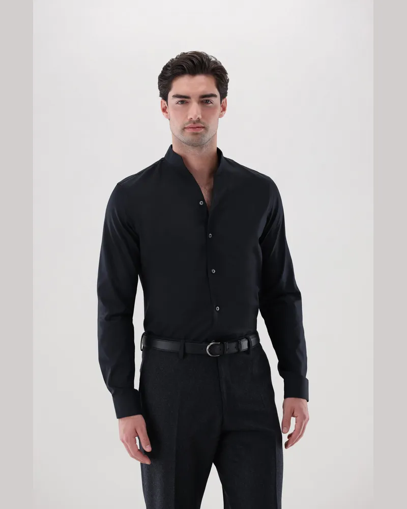 van Laack Stehkragenhemd mit V-Ausschnitt und Jacquard-Streifen Schwarz