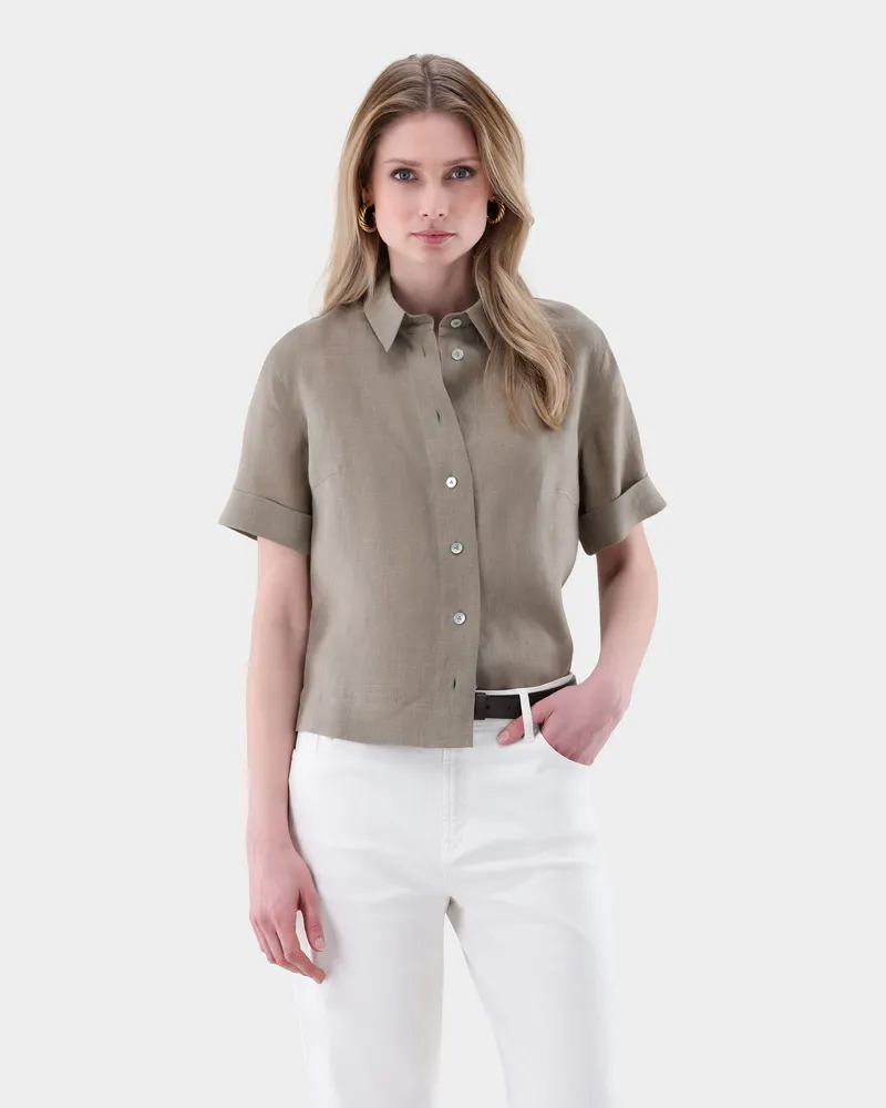 van Laack Kurzarm Hemdbluse aus Leinen Boxy Fit Grün