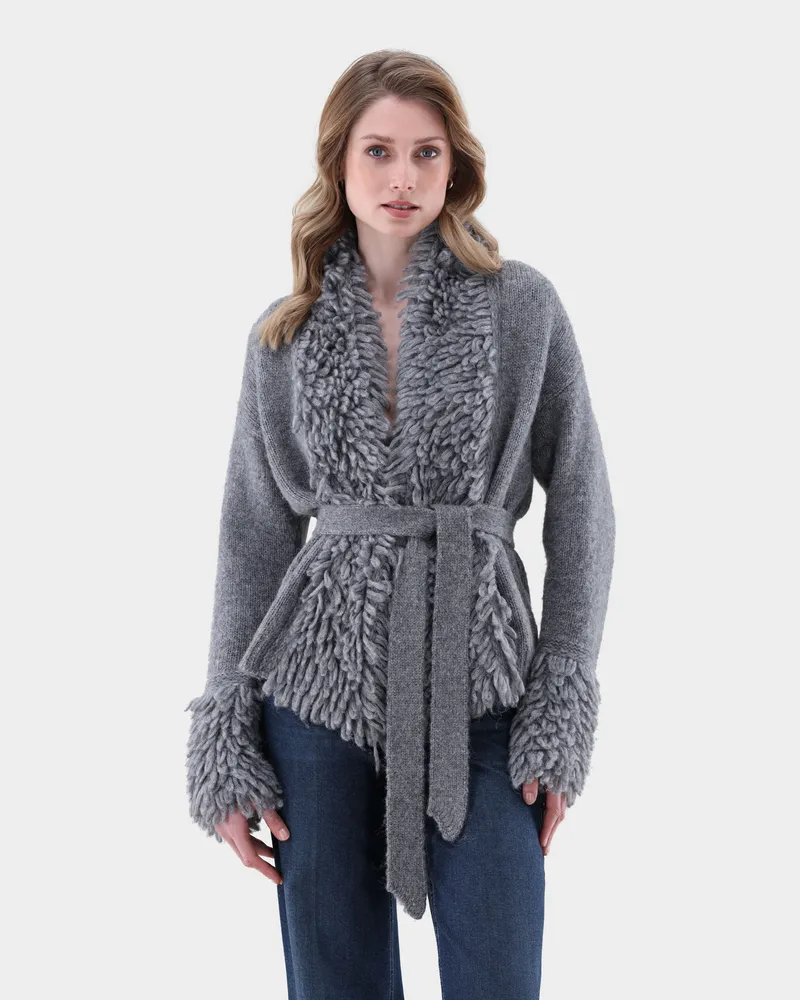 van Laack Strickjacke mit Fransen und Bindegürtel Grau