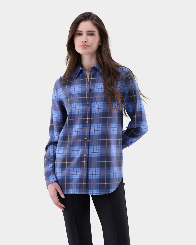 van Laack Hemdbluse aus Seide Kariert Blau