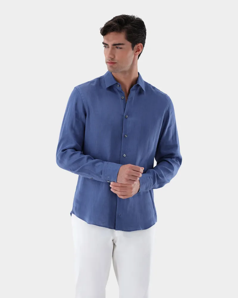 van Laack Leinenhemd mit Kent-Kragen Tailor Fit Blau