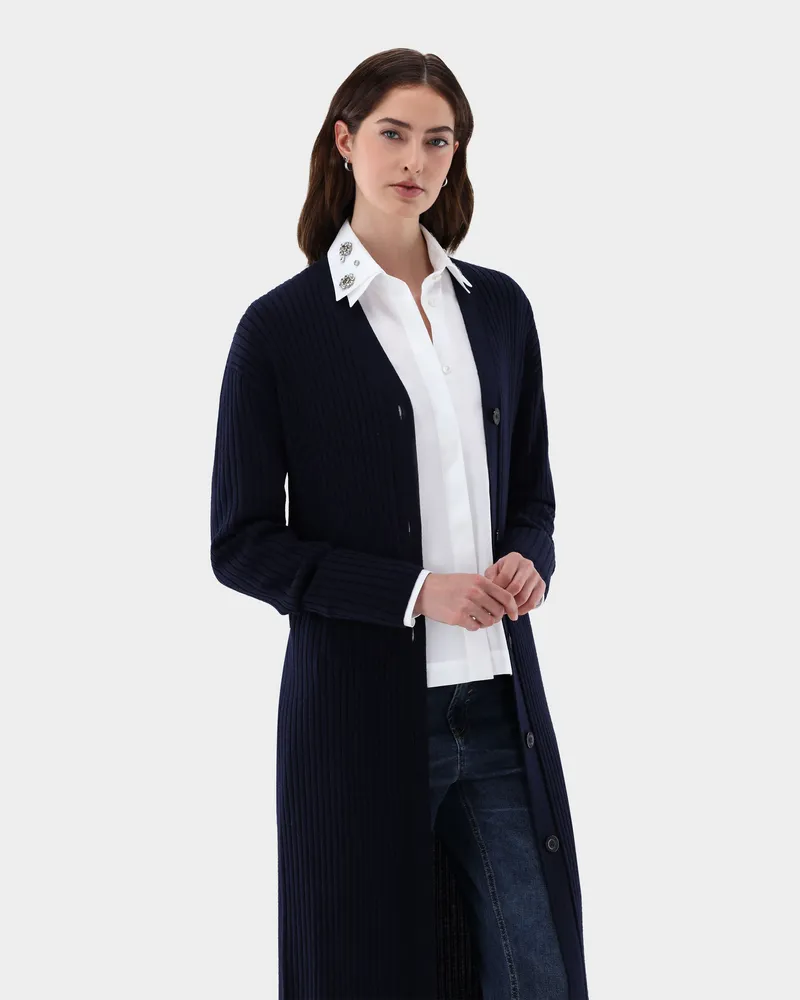 van Laack Strickjacke lang aus Rippstrick Blau