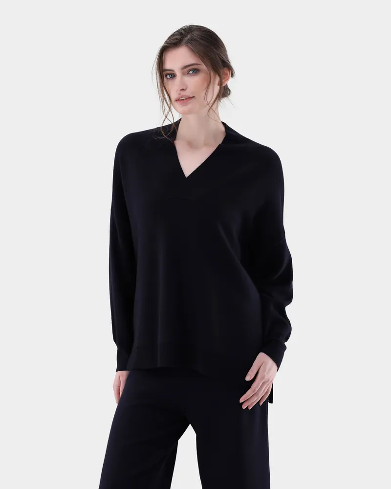 van Laack Pullover oversized mit V-Ausschnitt Blau