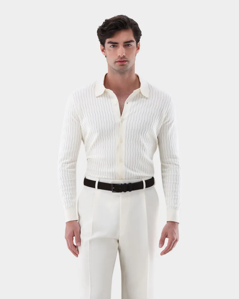 van Laack Strickhemd mit Strukturmuster aus Winter Cotton Cremefarben