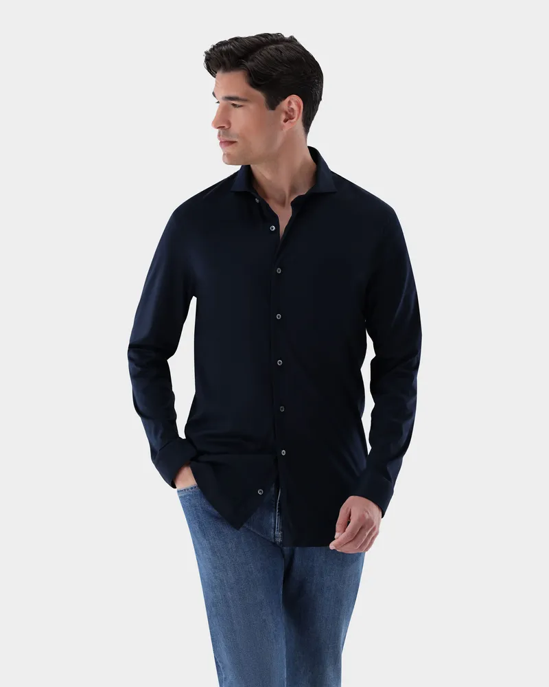 van Laack Jersey Hemd aus Schweizer Baumwolle Slim Fit Blau