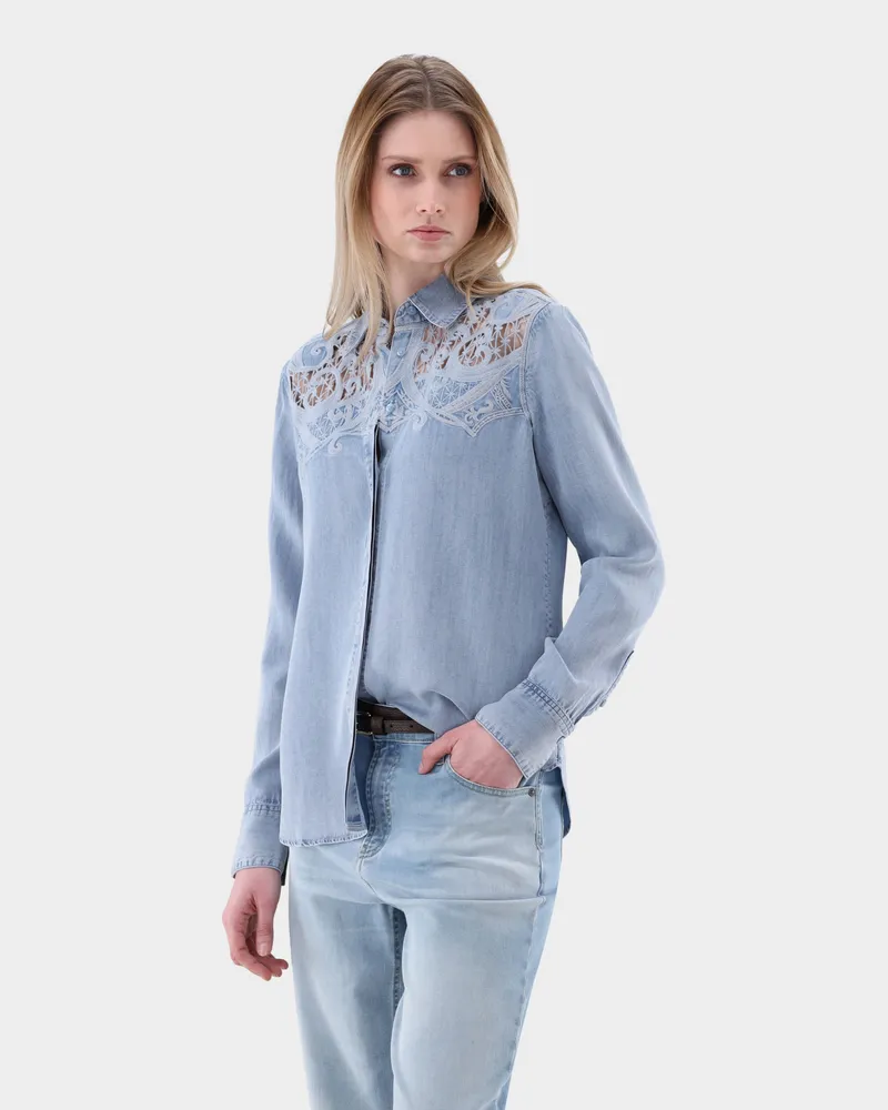 van Laack Hemdbluse mit Spitzenausschnitten in Jeans-Optik Blau
