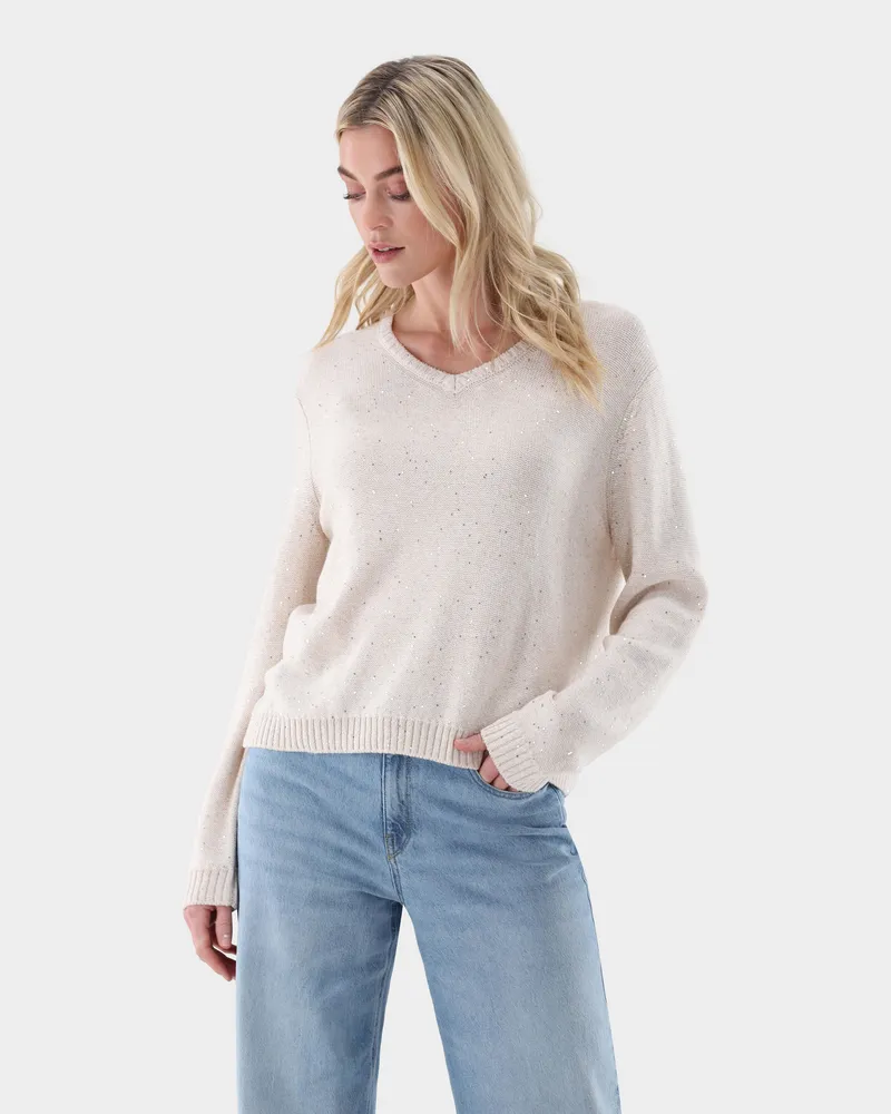 van Laack Pullover mit V-Ausschnitt mit Kaschmir und Pailletten Beige