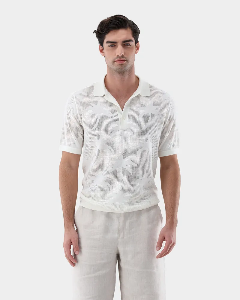 van Laack Poloshirt aus Ajoure Strick mit Palmen Design Cremefarben