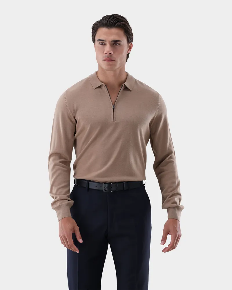 van Laack Poloshirt Langarm mit Reißverschluss aus merzerisierter Wolle Beige