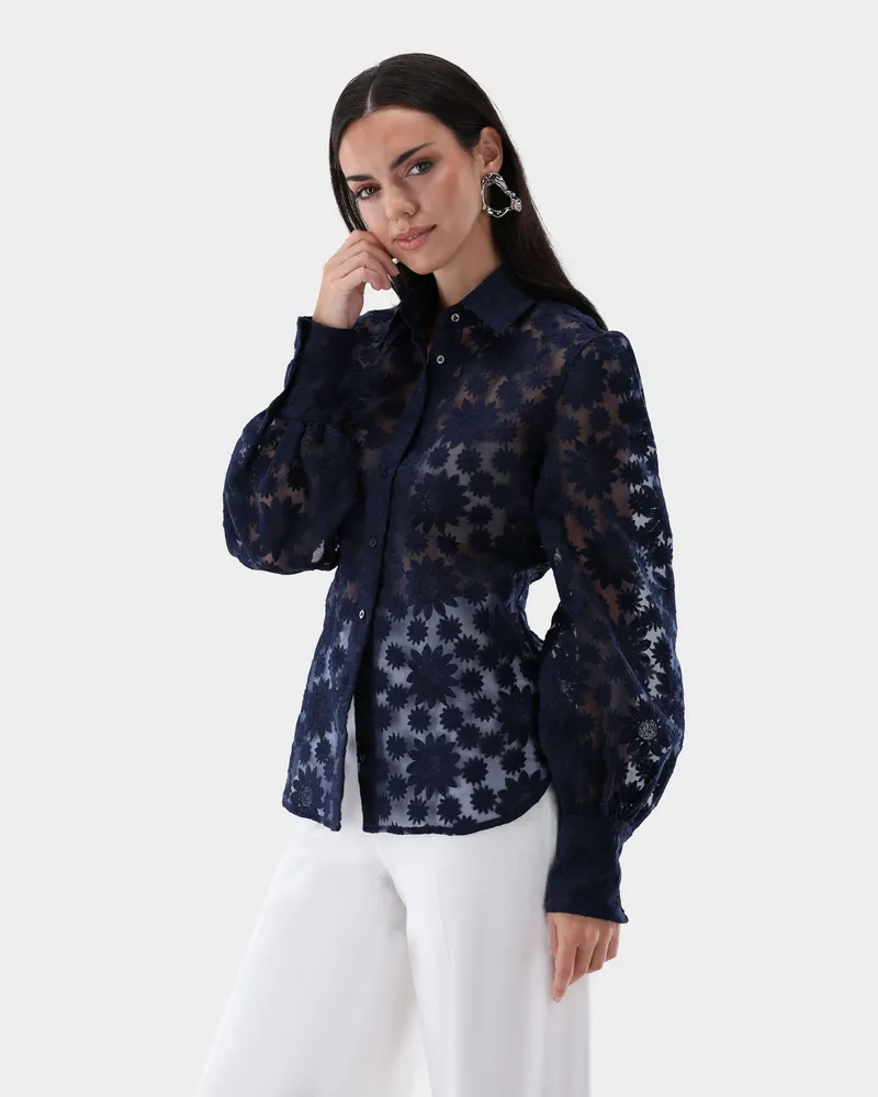 van Laack Hemdbluse mit Blousonärmeln und besticktem Organza Blau