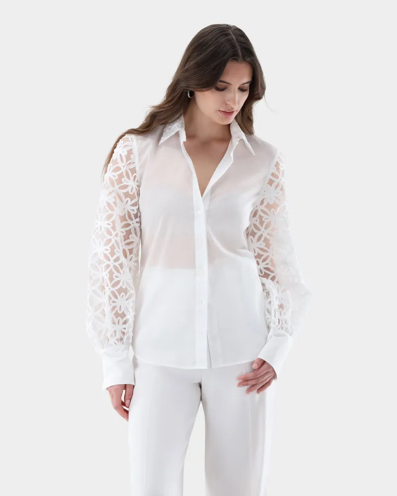 van Laack Hemdbluse mit bestickten Oranza-Ärmeln Cremefarben