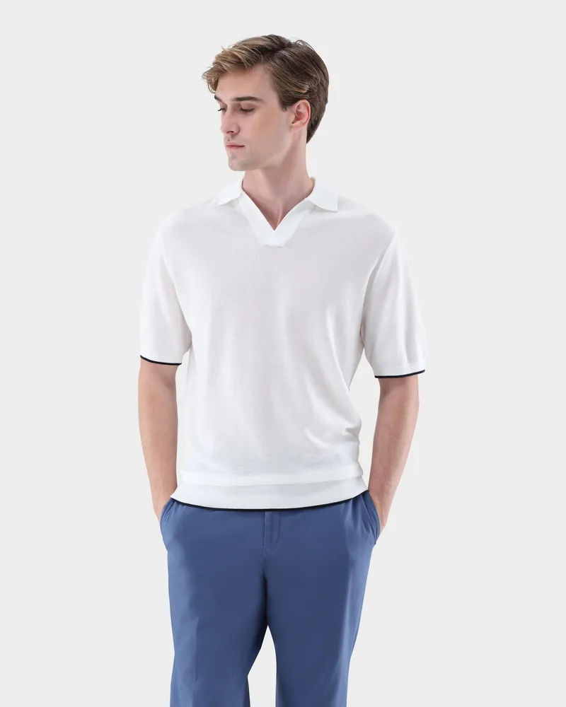 van Laack V-Polo gestrickt mit feiner Struktur Cremefarben