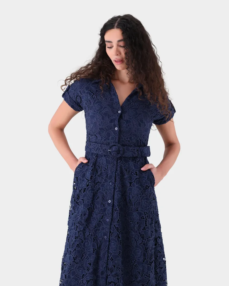 van Laack Midi-Hemdblusenkleid aus weicher Spitze Blau