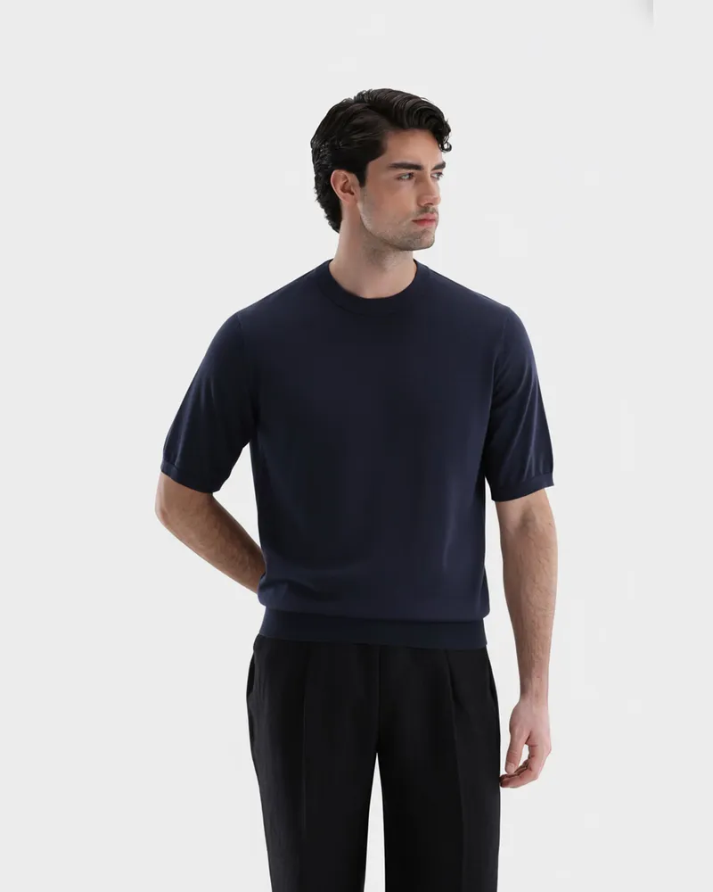 van Laack Strick T-Shirt mit Baumwolle und Seide Blau