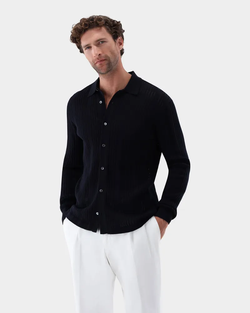 van Laack Strickhemd mit Streifen-Struktur aus Air Cotton Blau