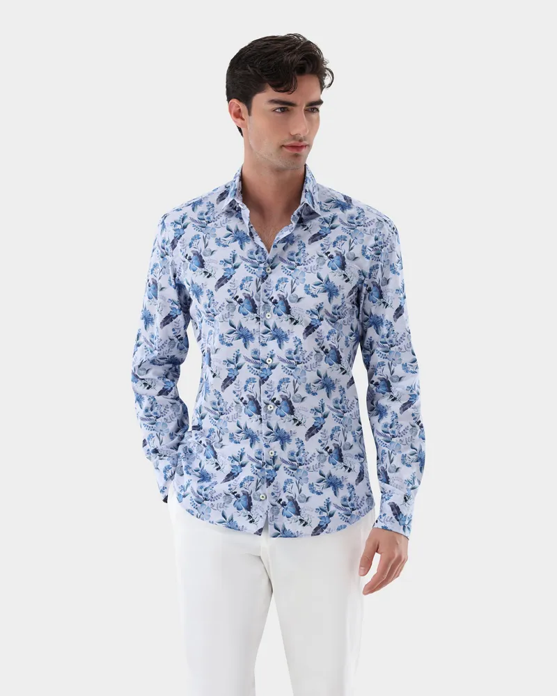 van Laack Popeline-Hemd mit Blumendruck Tailor Fit Blau