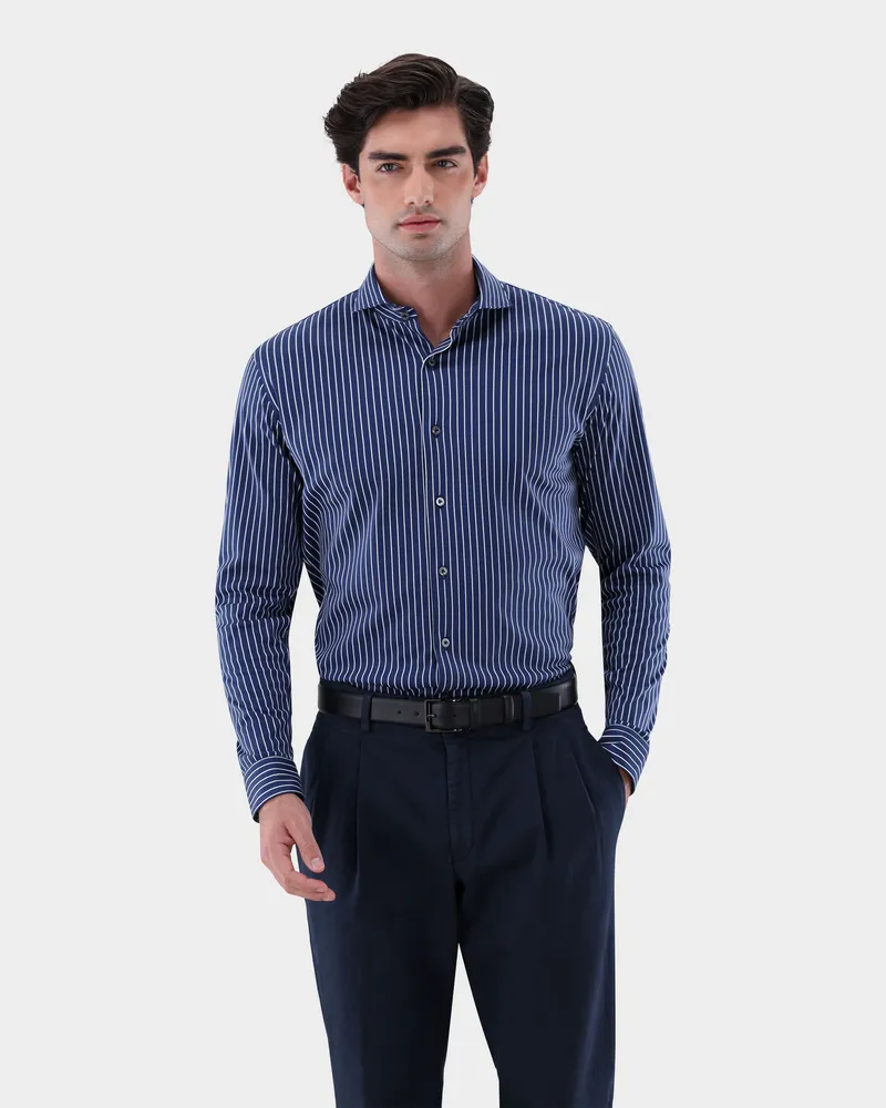 van Laack Jerseyhemd mit Nadelstreifen Tailor Fit Blau