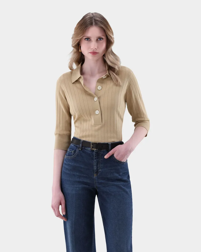 van Laack Polshirt gestrick mit Merino und Lamé Gelb