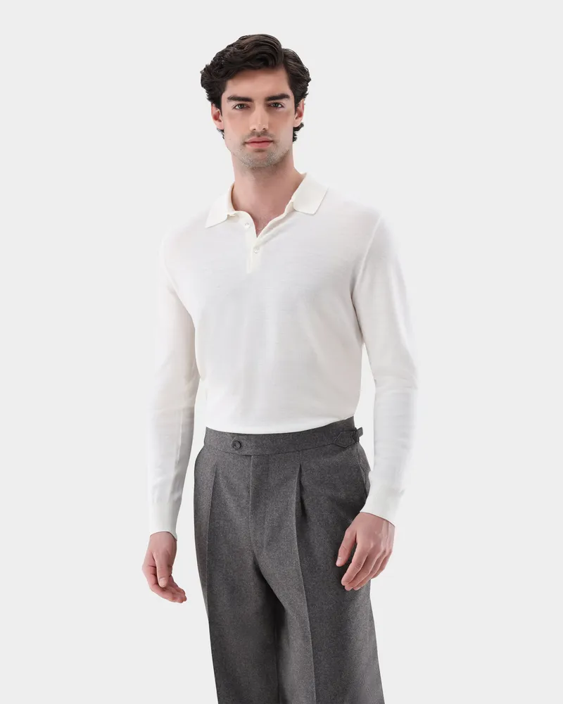 van Laack Poloshirt gestrickt mit Langarm und Reiskorn-Struktur Cremefarben