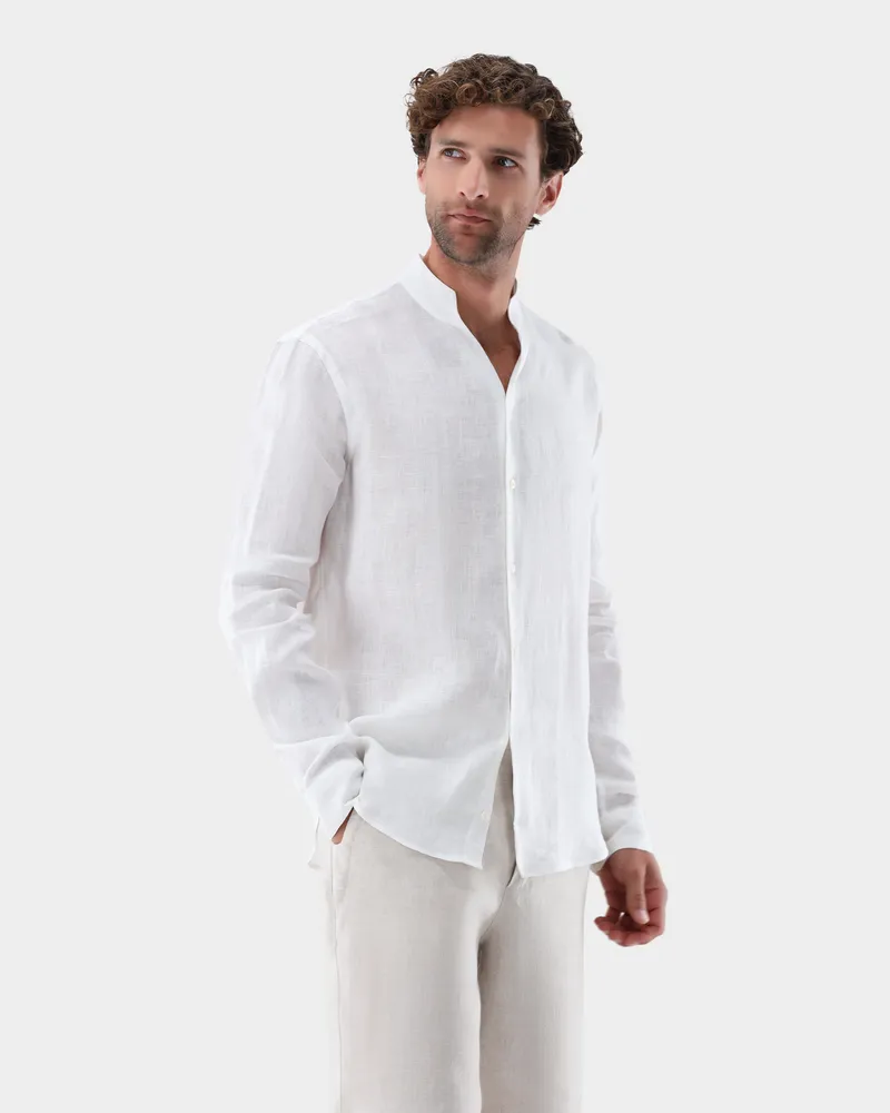 van Laack Leinenhemd mit Stehkragen Cremefarben