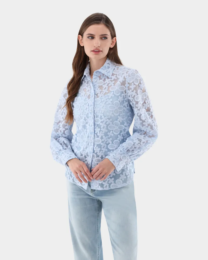 van Laack Hemdbluse mit Blousonärmeln aus besticktem Organza Blau