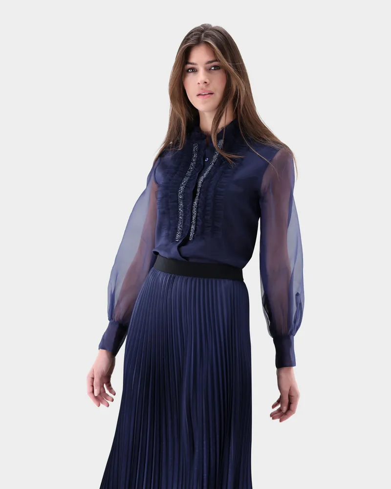 van Laack Bluse mit Rüschen und Perlenband Blau