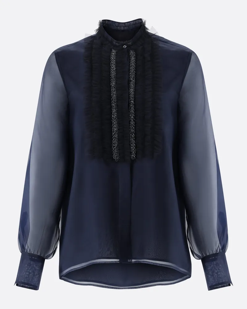 van Laack Bluse mit Rüschen und Perlenband Blau