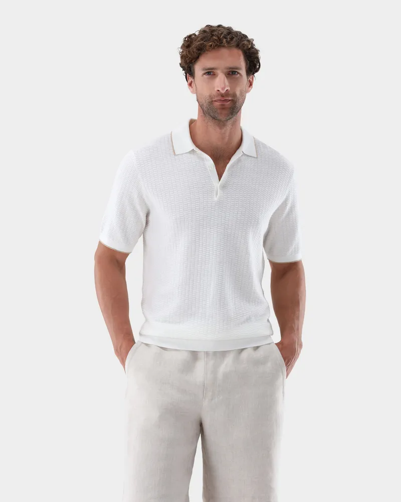 van Laack Strick Poloshirt mt Kaschmir und Jacquard Struktur Cremefarben