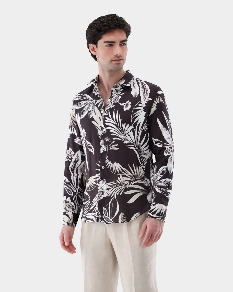 van Laack Leinenhemd mit Palmen Print Beige