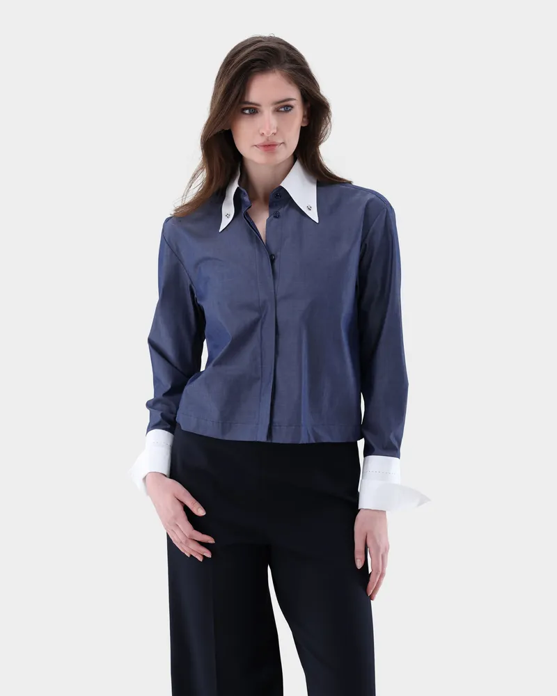 van Laack Hemdbluse kurz geschnitten und gestreift Blau