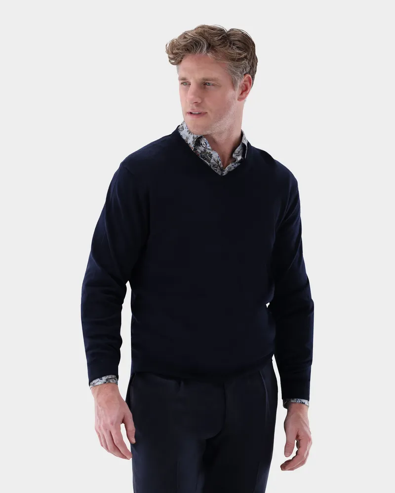 van Laack Pullover mit V-Ausschnitt aus Merzerisierter Merinowolle Blau