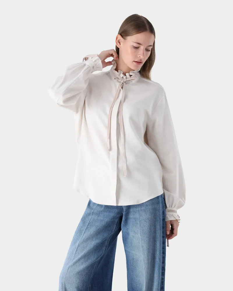 van Laack Flanellbluse mit Rüschen-Stehkragen Cremefarben