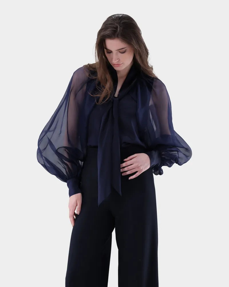 van Laack Bluse aus Seide mit weiten organza Ärmeln Blau