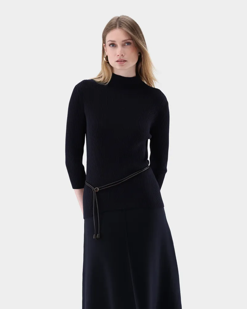 van Laack Gerippter Stehkragen-Pullover aus ultrafeiner Merinowolle Blau