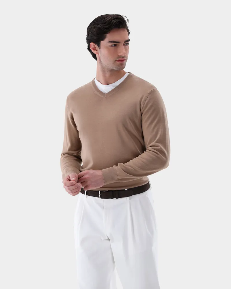 van Laack V-Ausschnitt Pullover aus Merzerisierter Merinowolle Beige