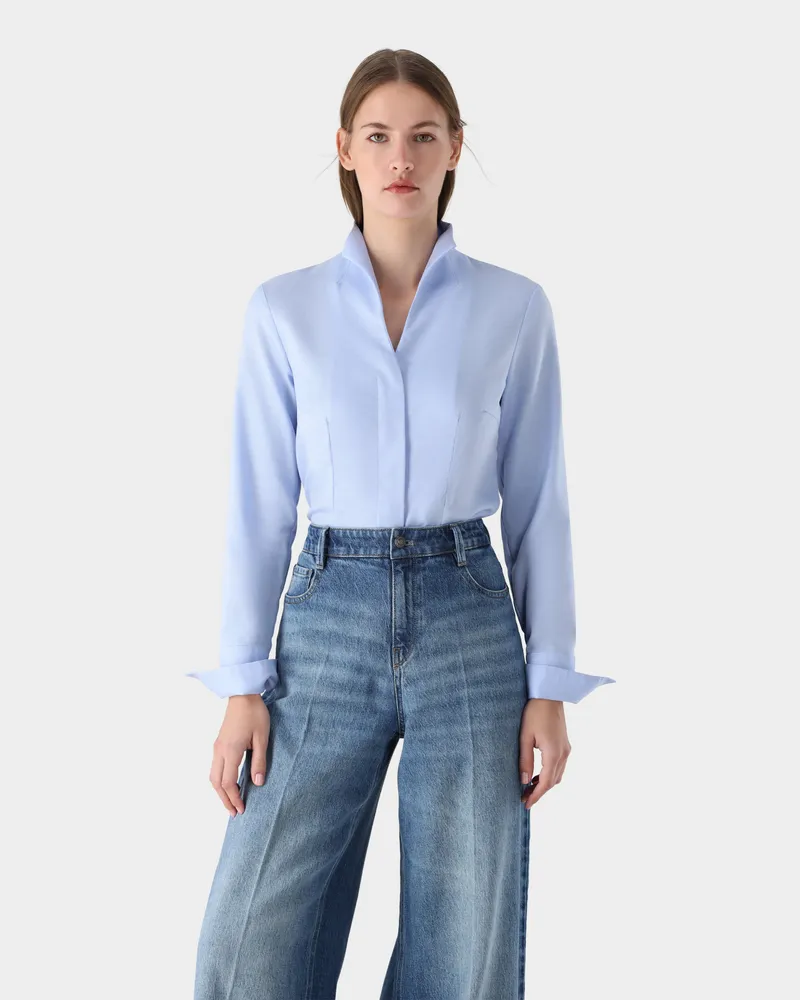 van Laack Kelchkragenbluse aus Dobby-Baumwolle Blau