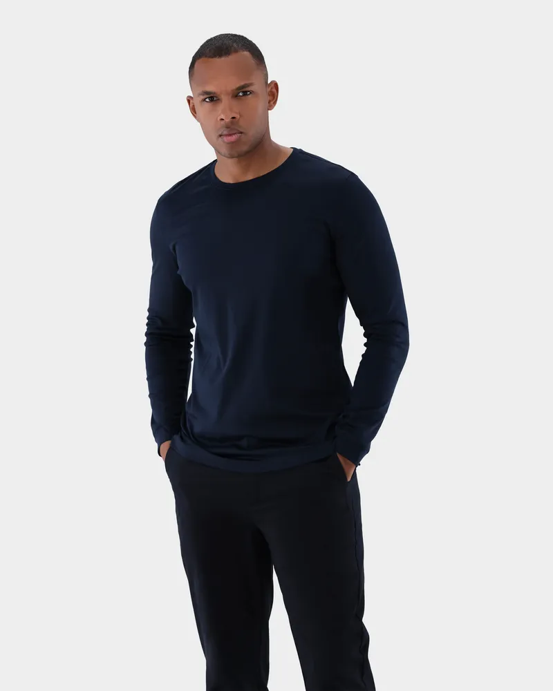 van Laack Langarm Jersey T-Shirt mit Rundhals Slim Fit Blau
